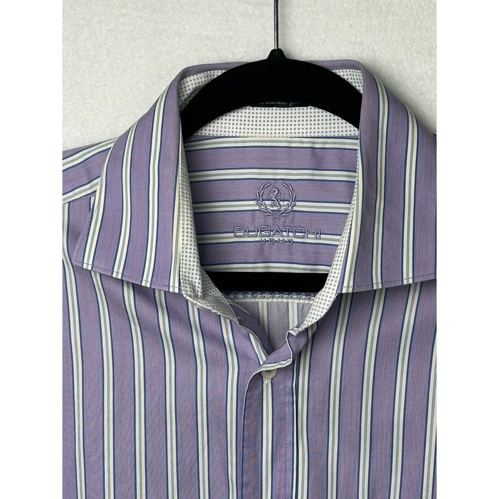 BUGATCHI UOMO MENS PURPLE STRIPED 100% COTTON LONG SLEEVE SHIRT FLIP CUFF SIZE L